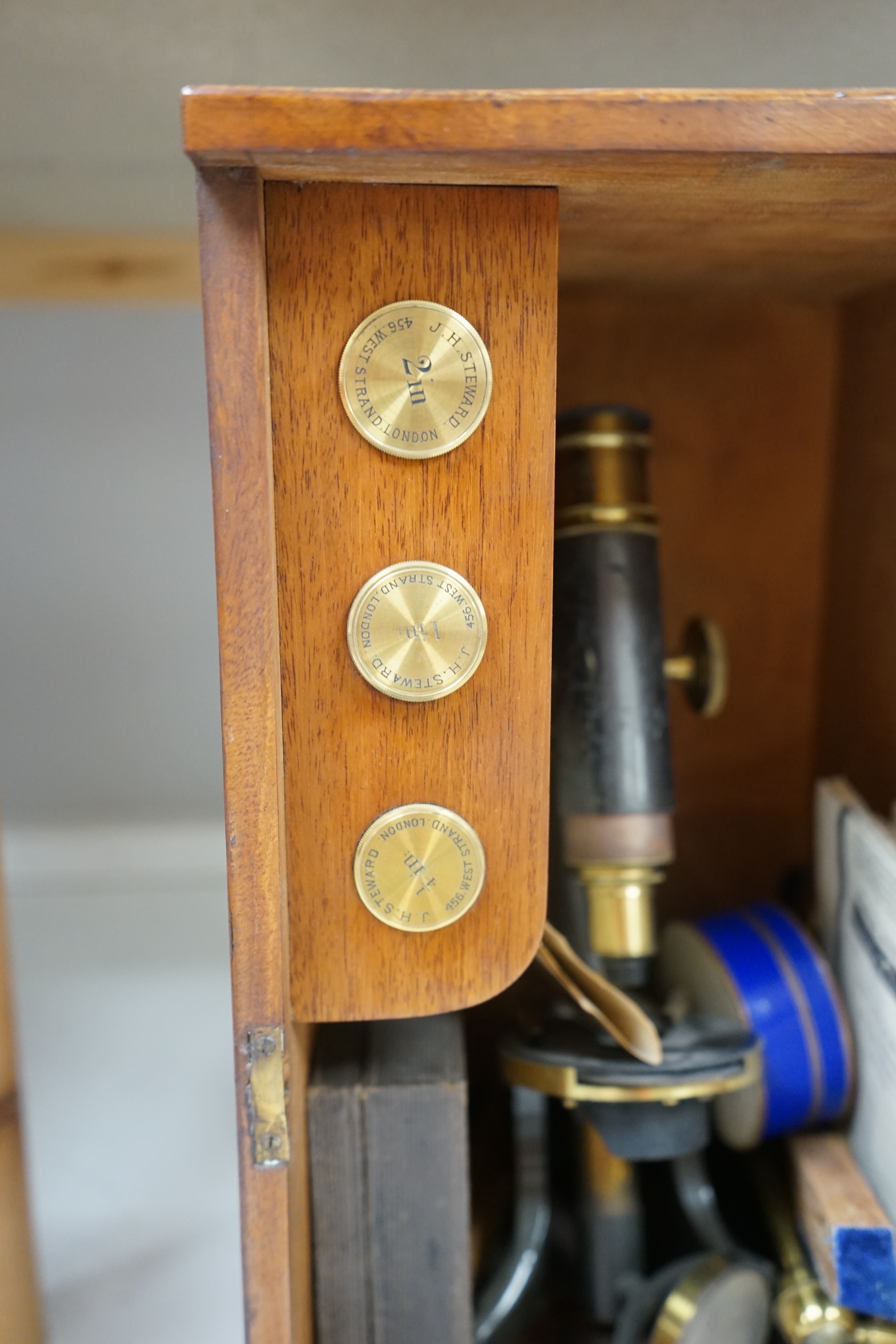 19th century, J H Stewart, mahogany cased brass telescope including lenses, case 37cm high x 19.5cm wide. Condition - fair?